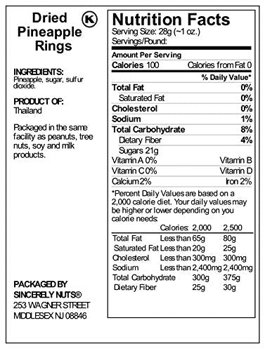 Sincerely Nuts Dried Pineapple Rings, Sweetened, 1 LB Bag, Vegan, Gluten Free, Kosher, Dehydrated Fruit Snack