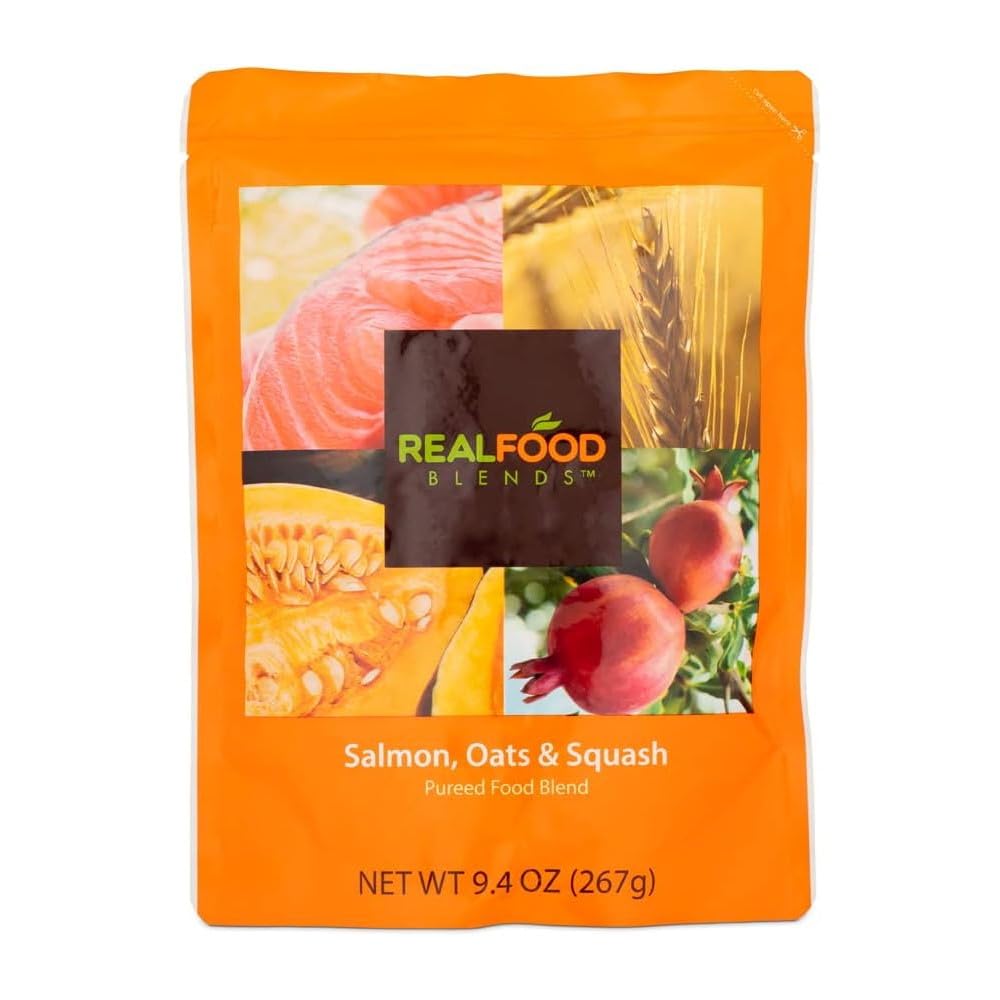 Real Food Blends Salmon, Oats & Squash - Pureed Food Meal for Feeding Tubes, 9.4 oz Pouch (Pack of 12 Pouches)