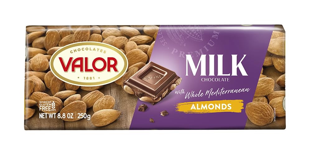 Valor. Milk Chocolate with Mediterranean Almonds. 250g (8.75oz). Pack of 3.