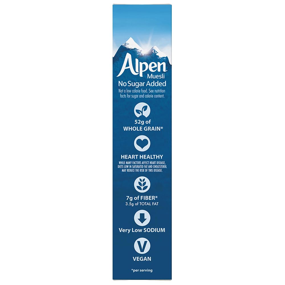 Alpen Muesli No Sugar Added Cereal, Heart Healthy Cereal with Wheat Flakes, Rolled Oats, Nuts and Raisins, Non-GMO Project Verif