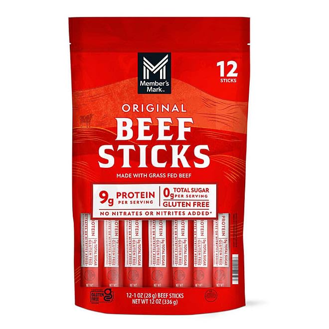 Members Mark Original Grassfed Jerky, 1-ounce Beef Sticks, 12 Count