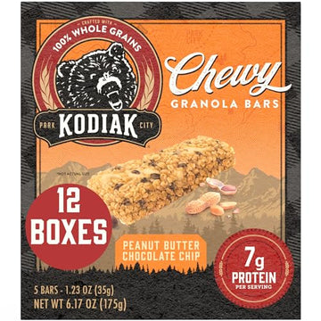 Kodiak Cakes Chewy Granola Snack Bars, Peanut Butter Chocolate Chip, High Protein, 100% Whole Grains, 12 boxes with 5 bars each