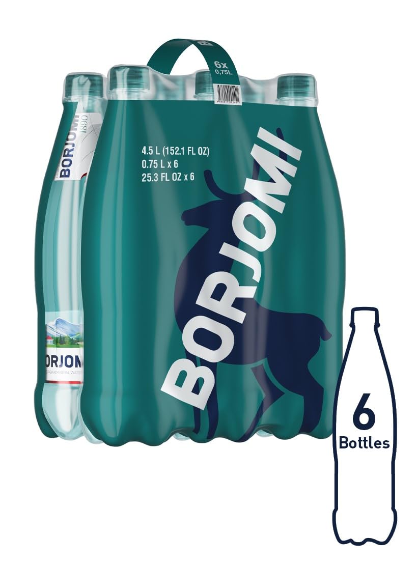 BORJOMI Sparkling Mineral Water, Naturally Carbonated, 25.3 fl oz, 6 Pack, Bottled from Georgian Volcanic Springs