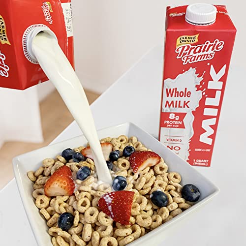 Prairie Farms Whole Milk, Shelf Stable, Boxed & Ultra Pasteurized (Uht), Vitamin D White Milk - Preservative And Free, Gluten Free, Kosher, Made In Usa - 1 Quart (4 Pack)