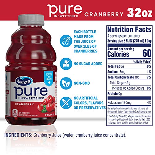 Ocean Spray Pure Unsweetened Cranberry Juice, 100% Juice from Concentrate, 32 Fl Oz, Pack of 1