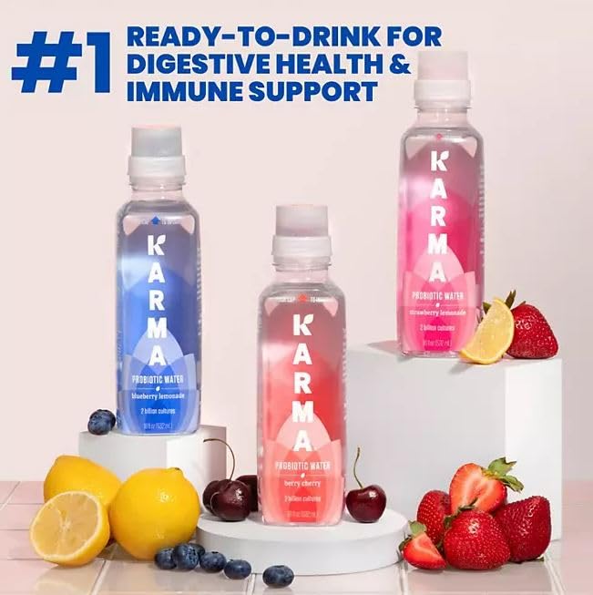 Karma-Probiotic Water Variety Pack, Berry Cherry, Watermelon Wild Berry, Strawberry Lemonade, 2-Billion Cultures, 18 Fl Oz (Pack