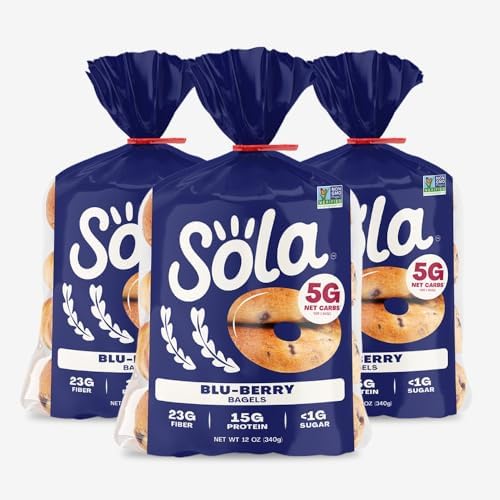 SOLA Low Carb & Keto Friendly Bagels, Blu-berry - 5g Net Carbs & 15g of Protein, No Added Sugar, Low Calorie Bagels - 12 oz (4 B