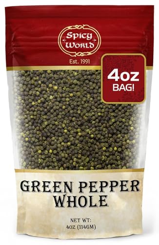 Spicy World Whole Green Peppercorns 4 Oz Bag - Steam Sterilized & All Natural