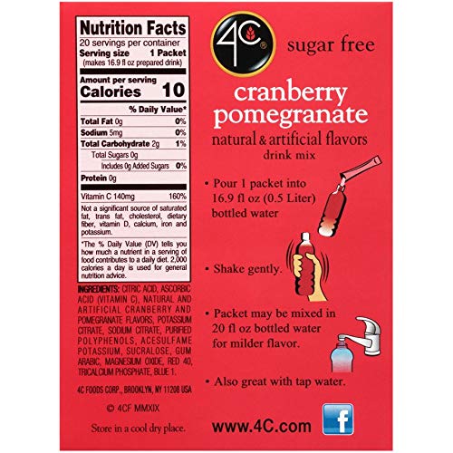 4C Powder Drink Mix, Cranberry Pomegranate, Sugar Free, 20 Count Singles Stix, 1.7 Ounce Pack