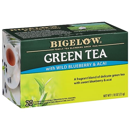 Bigelow Tea Green Tea With Wild Blueberry And Acai, Caffeinated Tea With Wild Blueberry And Acai, 20 Count Box (Pack Of 6), 120 Total Tea Bags