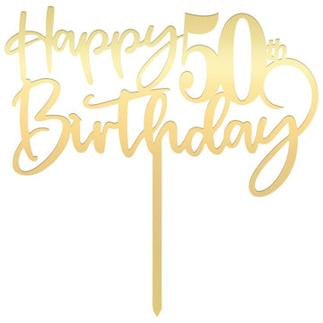 Happy 50Th Birthday Cake Topper,Mirrored Gold Acrylic Durable Cake Topper,50Th Birthday Party Cake Decorations,Hello 50Th Years