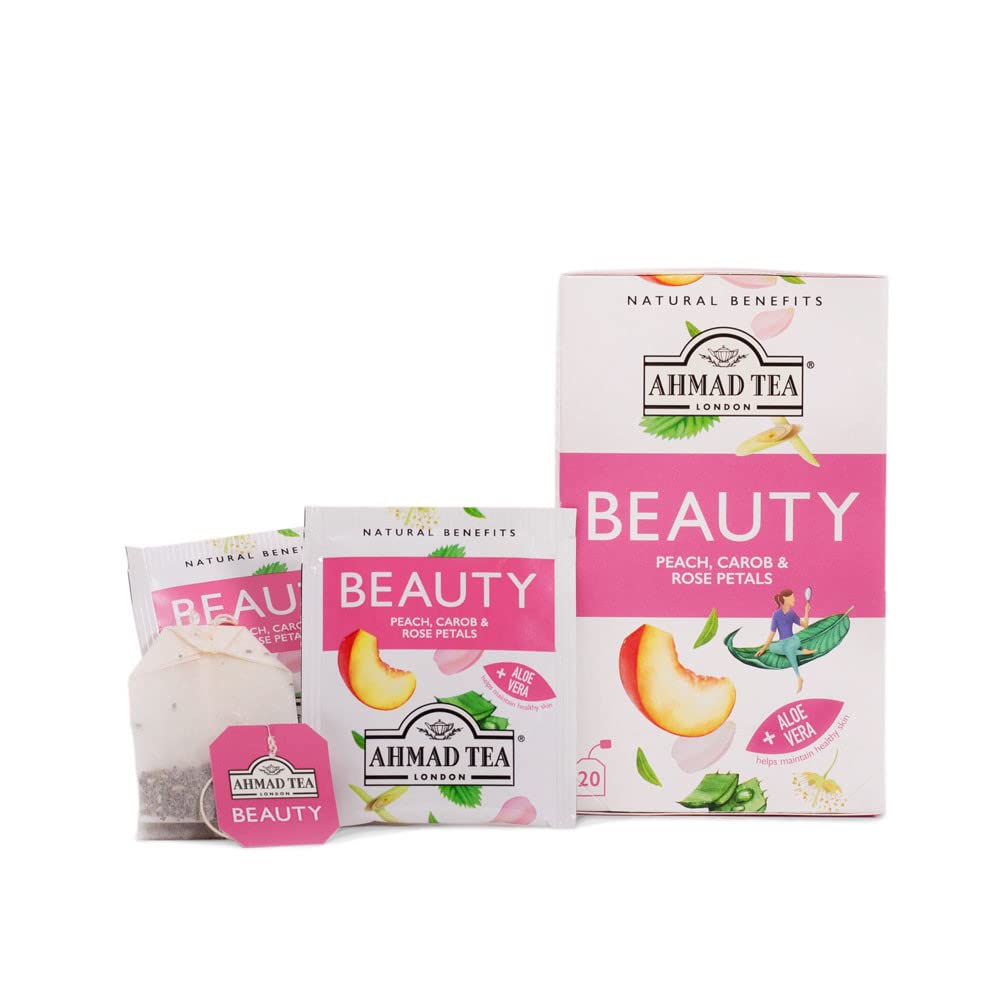 Ahmad Tea Herbal Tea, Peach, Carob, And Rose Petals 'Beauty' Natural Benefits Teabags, 20 Ct (Pack Of 1) - Decaffeinated & Sugar