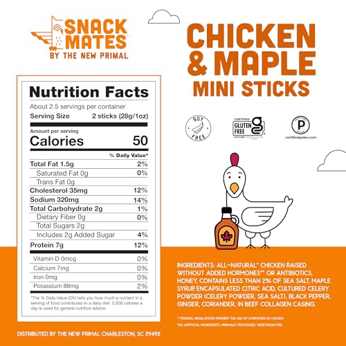 Snack Mates by The New Primal, Chicken & Maple Stick, All-Natural Chicken, High Protein and Low Sugar Kids Snack, Certified Pale