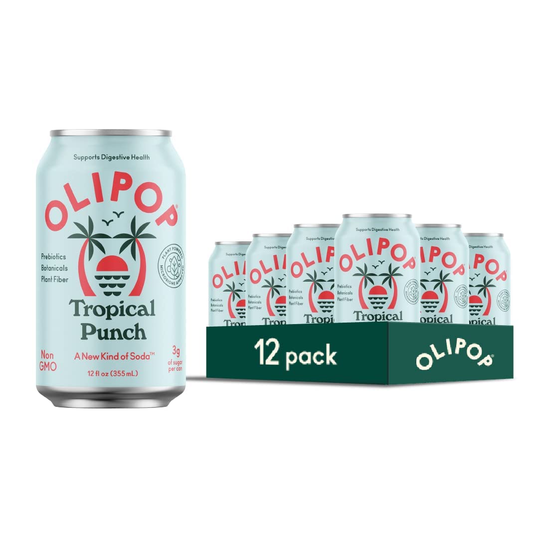 Olipop Prebiotic Soda Pop, Tropical Punch, Prebiotics, Botanicals, Plant Fiber, 12 Fl Oz (12 Cans)