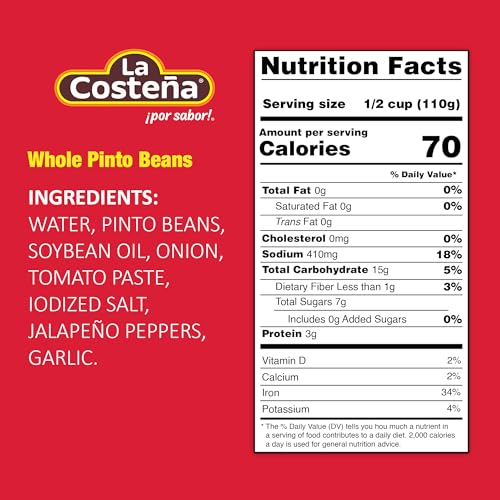La Costea Whole Pinto Beans - Ready-to-Eat Canned Pinto Beans for Mexican Food, Vegetarian Chili Ingredients, Bean Dip, Bean Bur