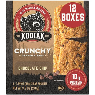 Kodiak Cakes Crunchy Granola Protien Snack Bars, Chocolate Chip, High Protein, 100% Whole Grains, 12 boxes with 6 pouches (144 b