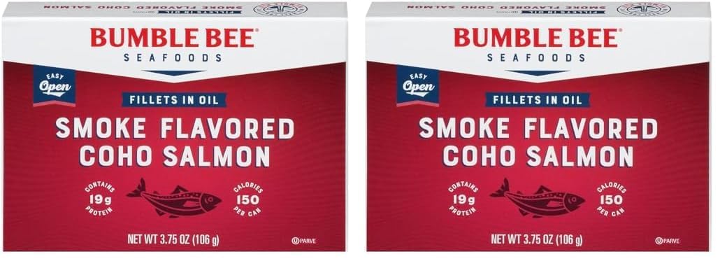 Bumble Bee Smoke Flavored Red Coho Salmon Fillets in Oil, 3.75 oz (Pack of 2) - 19g Protein - Skinless, Boneless - Great for Sna