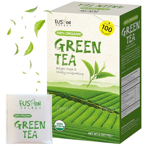Fusion Select Organic Green Tea - Fresh Drink With Mild & Bright Flavor - Easy To Brew - Relaxing Tea Beverages With Antioxidant Support - 100 Individual Tea Bags Per Box