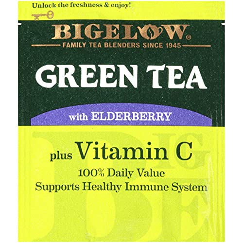 Bigelow Tea Green Tea with Elderberry Plus Vitamin C, Caffeinated Tea with Elderberry, 18 Count Box (Pack of 6), 108 Total Tea B