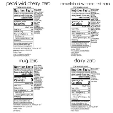 SodaStream Pepsi Wild Cherry MTN Dew Code Red Starry & Mug Root Variety Pack Zero Sugar 440ml Pack of 4