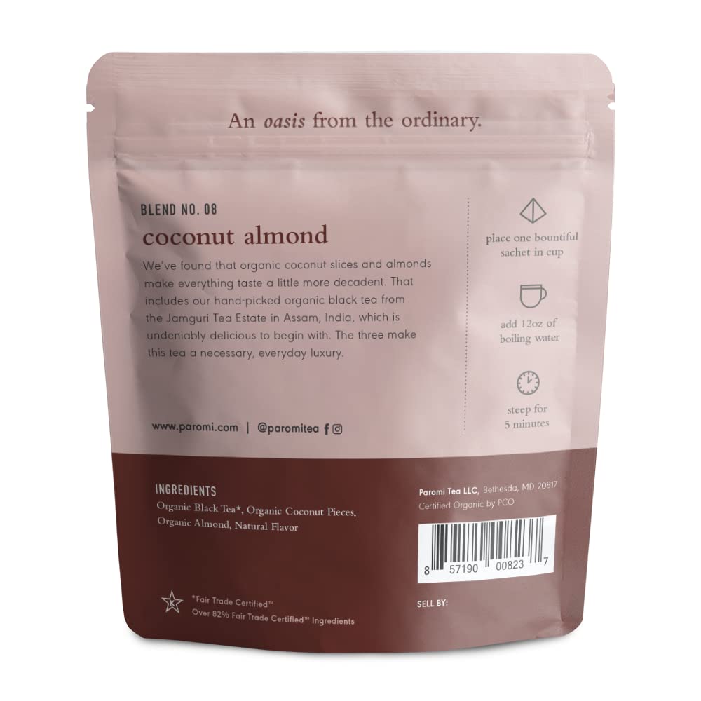 Paromi Coconut Almond Black Tea, Resealable Pouch, 15 Count