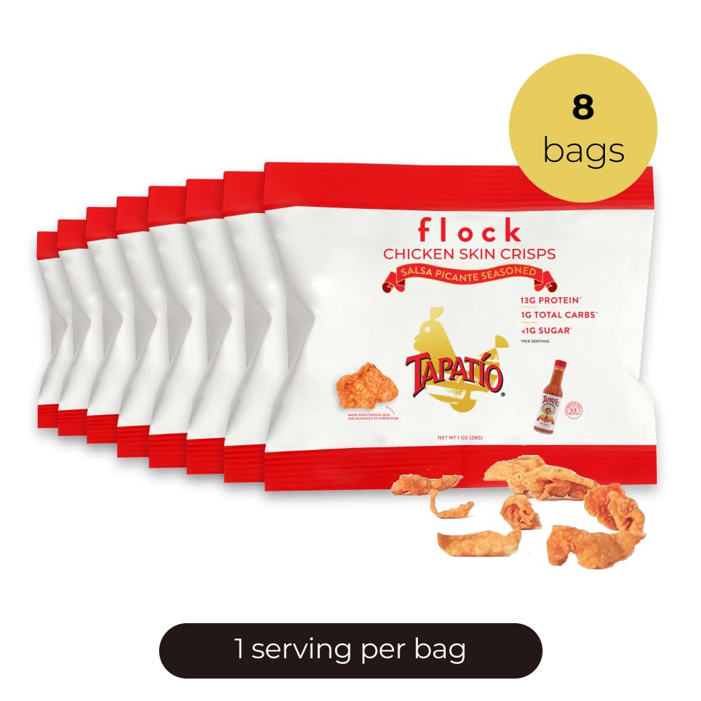 Flock Keto Chicken Skin Chips, Tapatio Flavor, Low Carb, High Protein, Gluten-Free, 1oz Pack of 8