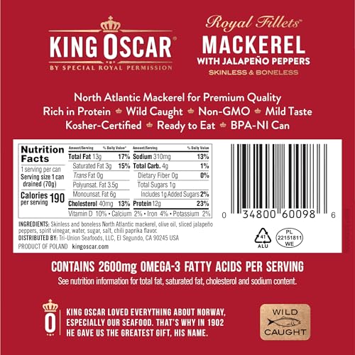 King Oscar Skinless & Boneless Mackerel Variety Pack Olive Oil Med. Style Lemon and Jalapeo 4.05-Ounce Cans (Pack of 6)