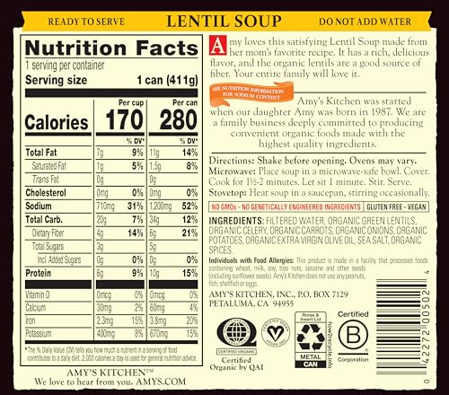 Amy’S Soup, Vegan Lentil Soup, Gluten Free, Made With Organic Green Lentils And Vegetables, Canned Soup, 14.5 Oz (6 Pack)