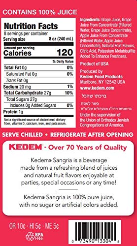 Kedem Sangria Soft Drink, 100% Pure Juice, 64 Fl Oz (Pack of 2), No Sugar or Artificial Coloring