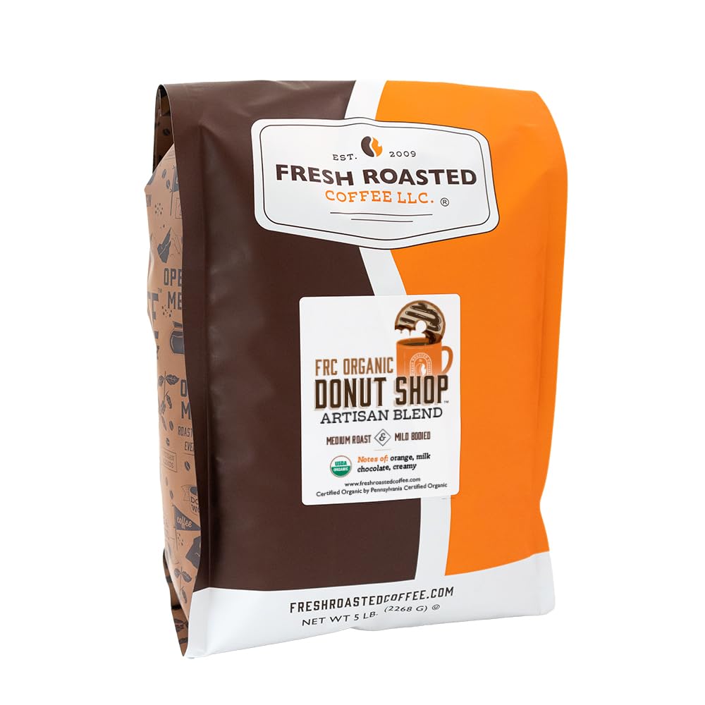 Fresh Roasted Coffee, Organic Donut Shop, 5 Lb (80 Oz), Medium Roast, Kosher, Whole Bean