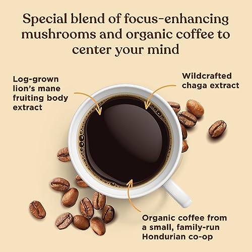 Dark Roast Organic Whole Bean Coffee By Four Sigmatic | Fair Trade Coffee Beans Coated With Lion'S Mane, Chaga Mushrooms | Nootr