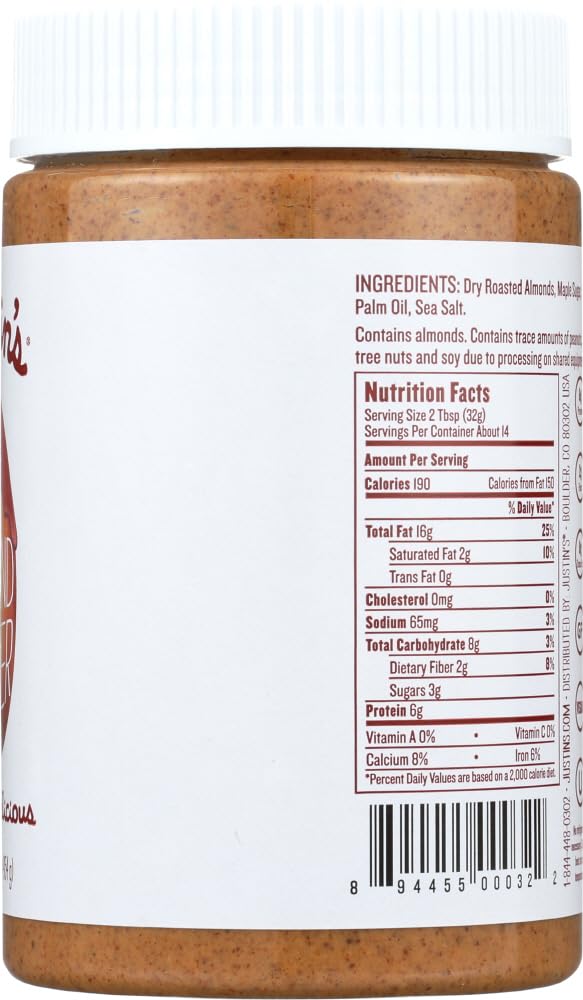 Justins Maple Almond Butter, No Stir, Gluten-free, Non-GMO, 16 Ounce Jar (6 Pack)