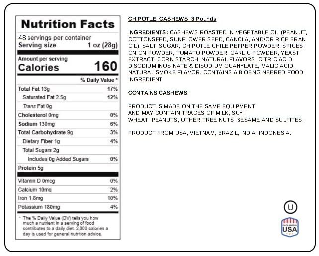 Hot & Spicy Chipotle Flavored Cashews 3 Pound Resealable Pouch | Bold & Crunchy Snack | Gourmet Seasoned Nuts | Perfect For Part