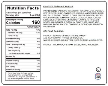 Hot & Spicy Chipotle Flavored Cashews 3 Pound Resealable Pouch | Bold & Crunchy Snack | Gourmet Seasoned Nuts | Perfect For Part