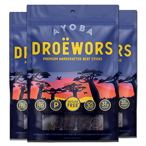 Ayoba Droewors Grass Fed Beef Paleo Sticks (2 Ounce, Pack Of 3) Keto Friendly, Air-Dried Grass Fed Beef Snack - Gluten Free, Nit