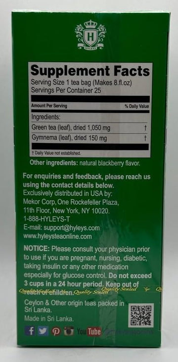 Hyleys Gymnema Sylvestre with Green Tea - Blackberry Flavor - 25 Tea Bags (6 Pack - 150 Tea Bags Total)