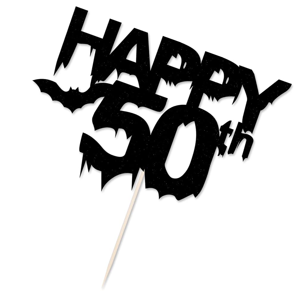 Qertesl Black Glitter Happy 50 Cake Topper, Happy 50Th Birthday Cake Decoration, Bat Halloween 50Th Birthday Party Cake Decorati