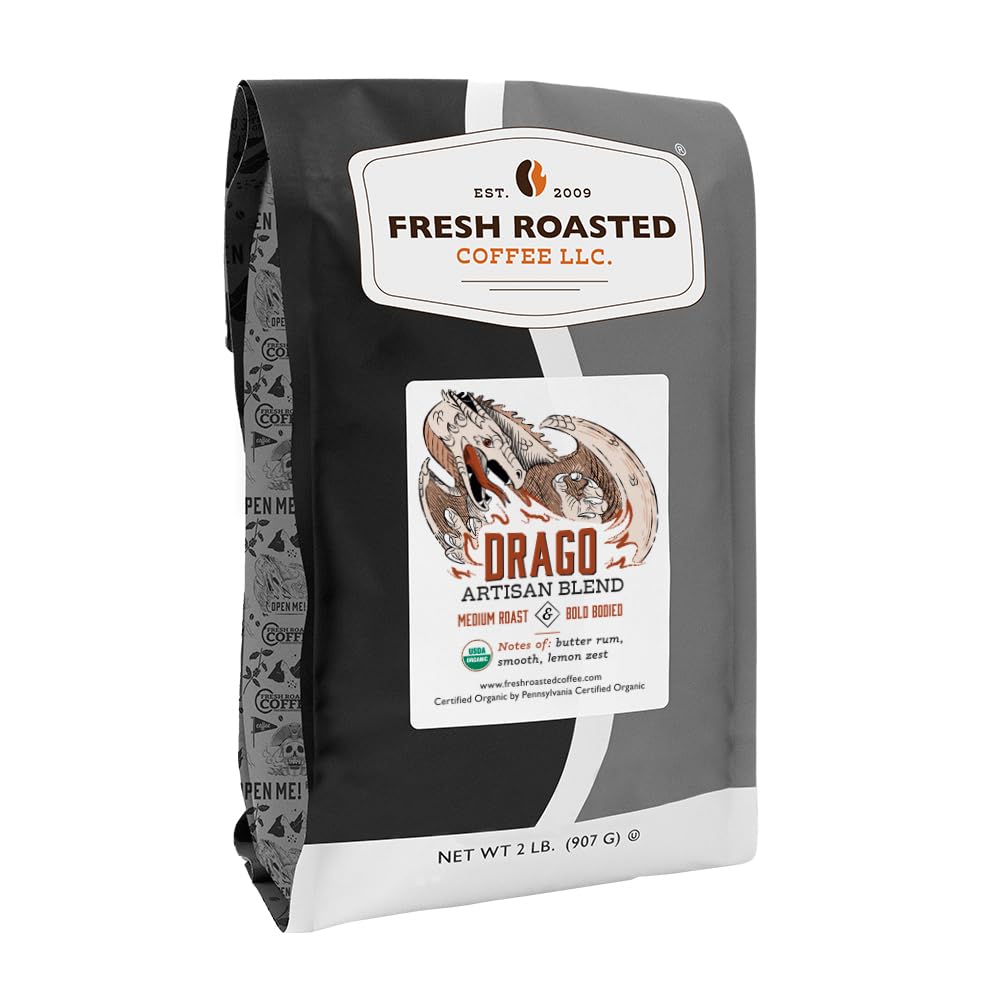 Fresh Roasted Coffee Organic Drago Caf? Blend | Usda Organic Kosher | Medium Roast 2 Lb (32 Oz) Whole Bean