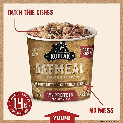 Kodiak Cakes Instant Oatmeal Cups, Peanut Butter Chocolate Chip, High Protein, 100% Whole Grains, (12 Cups)