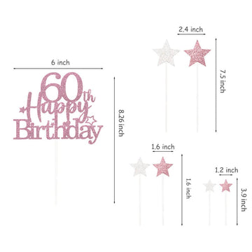Pargleev Glittery 60th Birthday Cake Topper, Rose Gold Star Design, Personalised Party Decoration for Men and Women