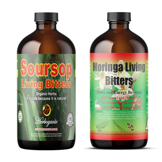 HERBOGANIC Soursop Living Bitters with Moringa, Pack of 2, 16 Oz Each