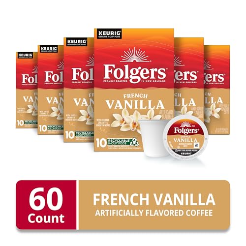 Folgers French Vanilla Artificially Flavored Coffee Keurig K-Cup pods 10 Count Box (Pack of 6)