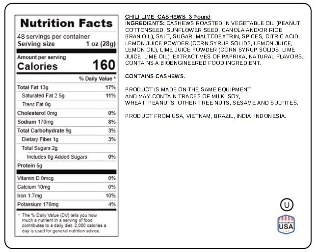 Chili Lime Cashews 3 Pounds - Spicy & Tangy Flavored Cashew | Resealable Bag | Gourmet Roasted Nuts | Perfect Snack For On-The-G