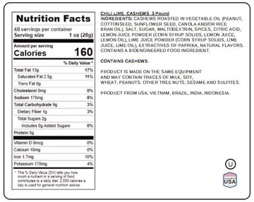 Chili Lime Cashews 3 Pounds - Spicy & Tangy Flavored Cashew | Resealable Bag | Gourmet Roasted Nuts | Perfect Snack For On-The-G