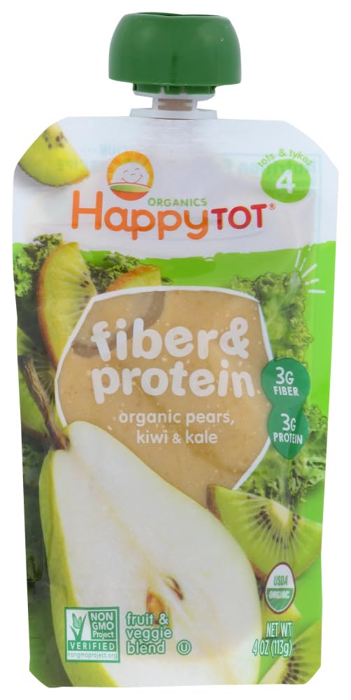 Happy Tot Fiber & Protein Stage 4 Organic Toddler Food Pears Kiwi & Kale, 4 Ounce Pouch Fruit And Veggie Blend Toddler Snack Pou