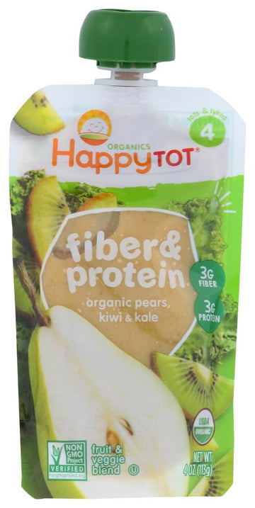 Happy Tot Fiber & Protein Stage 4 Organic Toddler Food Pears Kiwi & Kale, 4 Ounce Pouch Fruit And Veggie Blend Toddler Snack Pou