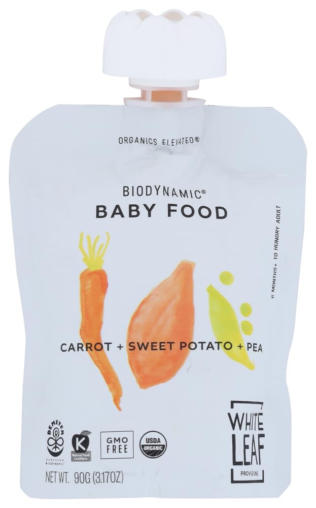 White Leaf Provisions Organic Purees / Baby Food Pouches - Fruits, Veggies & Grains, Toddler snack, Regeneratively Farmed, No Added Sugar, Non-GMO, BPA-Free Pouches 3.17 oz (Pack of 24, Carrot + Sweet Potato + Pea