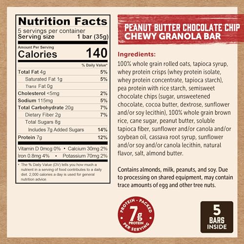 Kodiak Cakes Chewy Granola Snack Bars, Peanut Butter Chocolate Chip, High Protein, 100% Whole Grains, 12 boxes with 5 bars each