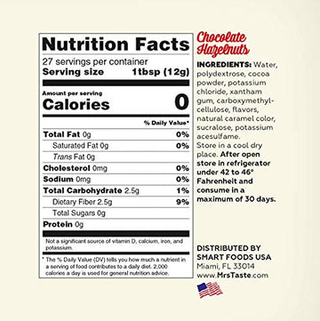 Mrs Taste Sugar Free Chocolate Hazelnut Syrup, Zero Calories, Zero Sodium, Zero Sugar, High Fiber, Keto Friendly, Paleo Friendly