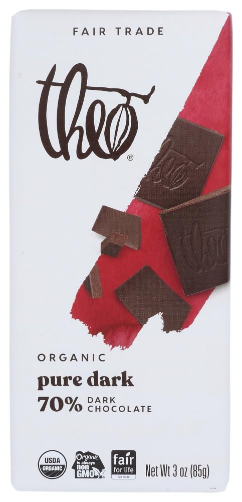 Theo Chocolate Organic Chocolate Bar - Classic - Dark Chocolate - 70 Percent Cacao - Pure - 3 Oz Bars - Case Of 12